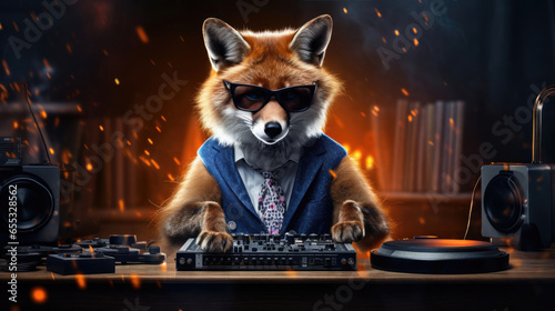 A trendy fox behind the turntables,  rocking the party with music photo