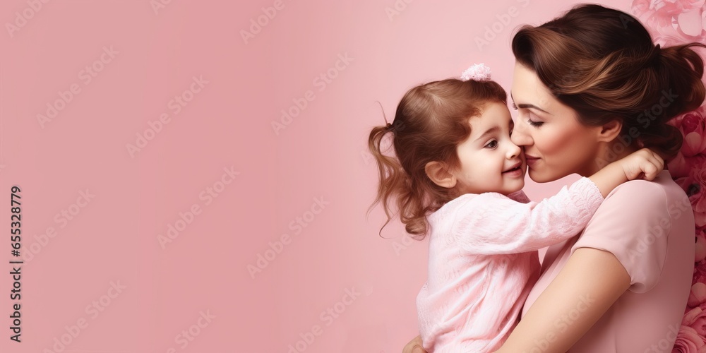 Mother and kid on pink background Generative AI Mother and kid on pink background Generative AI