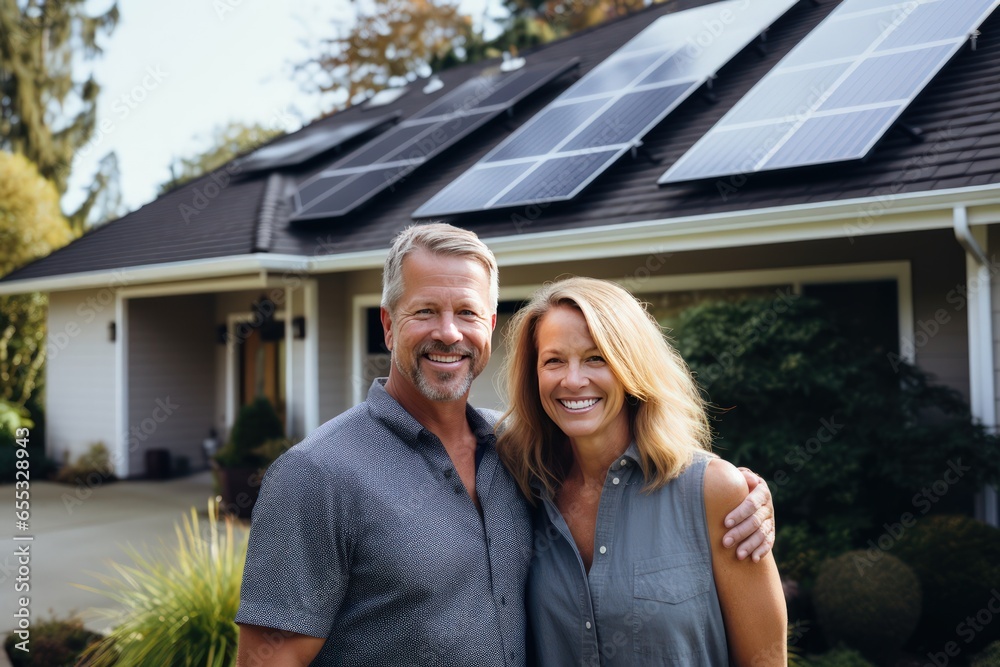 Middle aged Scandinavian couple standing on front of a house with solar panels on the roof. They smiling and looking at camera. Innovative energy systems to save your money.