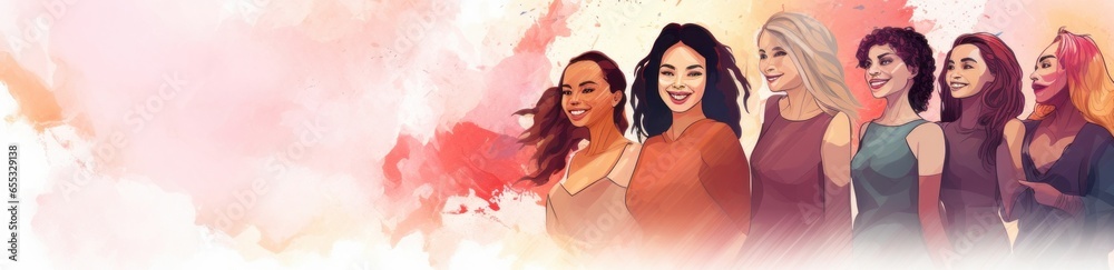 Happy women group for International Women’s day banner , watercolor style illustration. Generative AI Happy women group for International Women’s day banner , watercolor style illustration. Generative AI