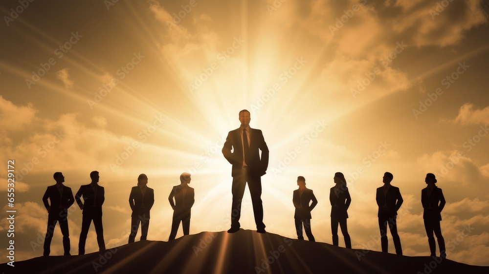 Visualize a person demonstrating inspirational leadership qualities and motivating their team for success