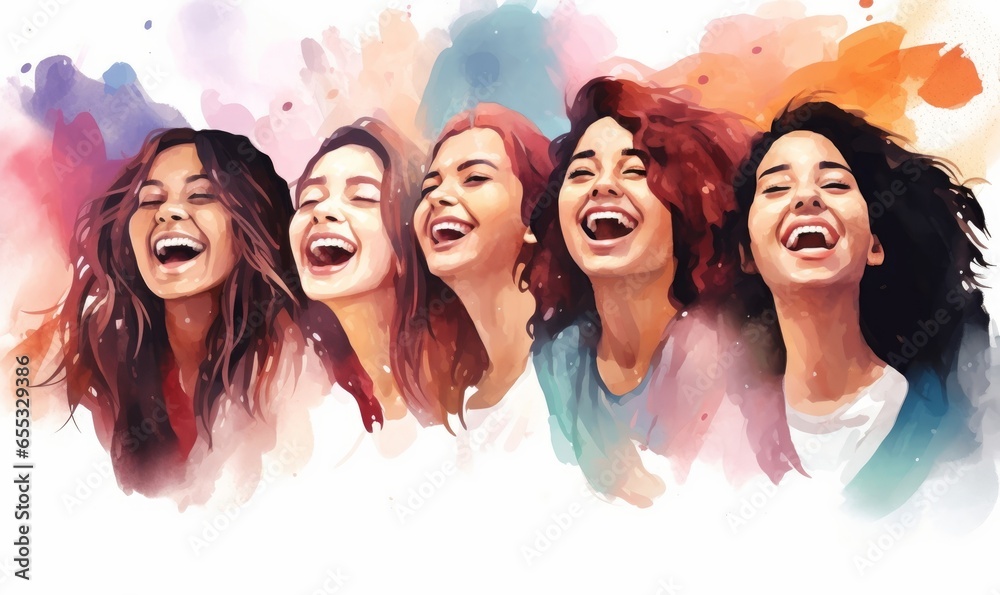 Happy women group for International Women’s day , watercolor style illustration. Generative AI