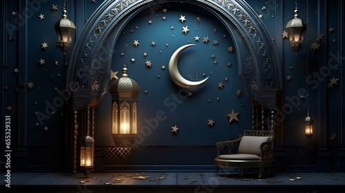 decoration background with lantern and crescent moon luxury style, ramadan kareem, mawlid, iftar, isra miraj, eid al fitr adha ai generated