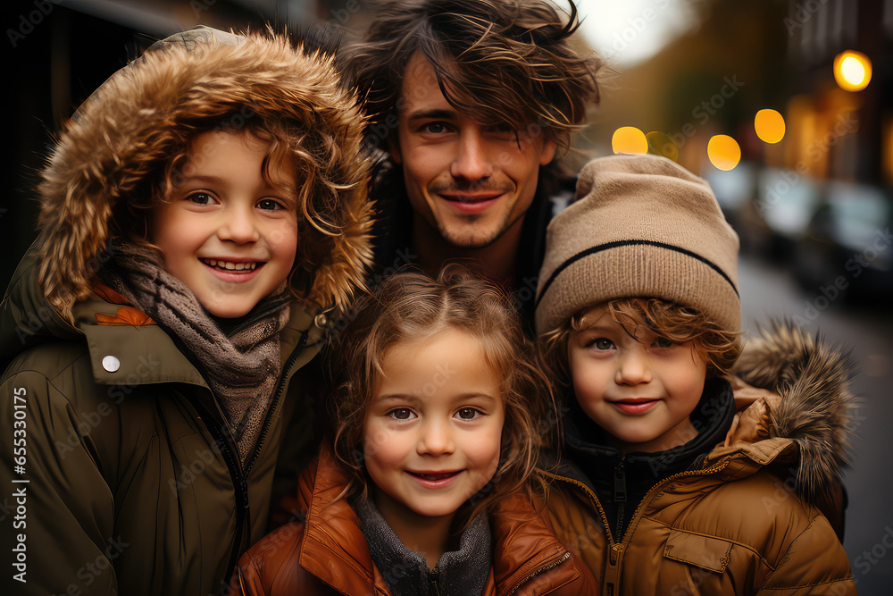 Portrait of a three kids and a young man on the streets on the autumn day. Portrait of a three kids and a young man on the streets on the autumn day.