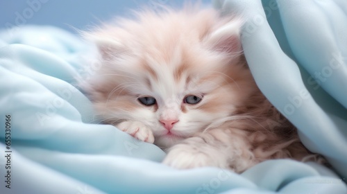  a small kitten laying under a blanket on top of a bed. generative ai