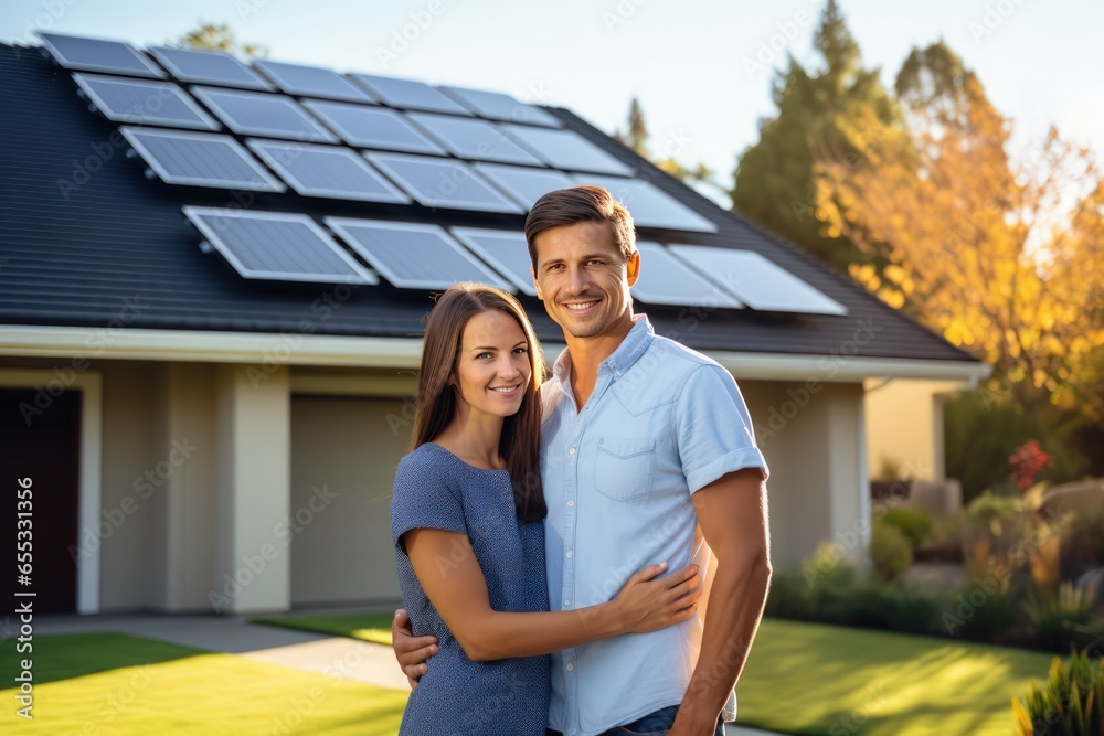 Photo of a young Caucasian couple standing on front of a house with solar panels on the roof. They are smiling and looking at camera. Innovative energy systems to save your money.