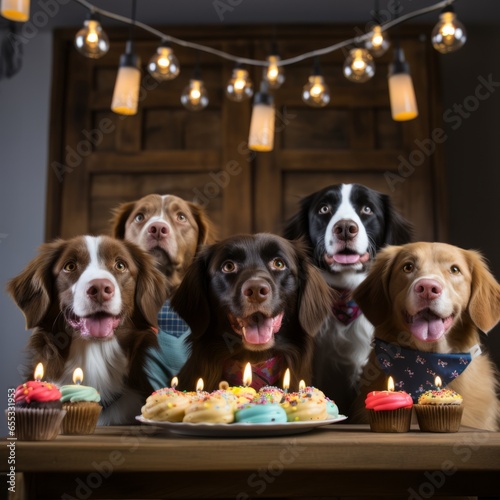 Photo celebrating a very happy dog's birthday with a colourful birthday cake, food and party decorations along with their canine friends. Created with AI technology © AI Visual Vault