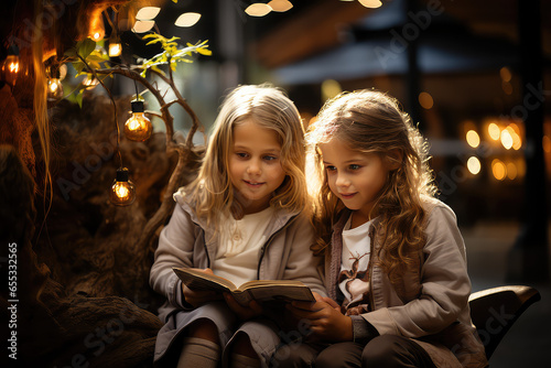 Two kids having fun reading a book. Generative AI