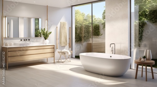  a bathroom with a large bathtub and a large mirror. generative ai