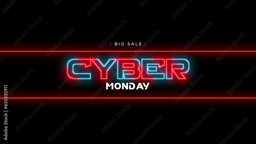 Cyber Monday and Big Sale with neon text on black gradient, motion abstract disco, club and holidays style background