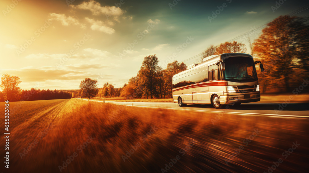 Fototapeta premium Family vacation travel RV, holiday trip in motorhome. Motorhome RV parked on the side of the road at sunset. Travelers with camper van are resting on an active family vacation