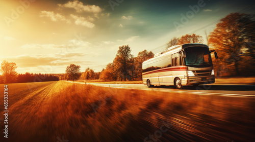 Family vacation travel RV, holiday trip in motorhome. Motorhome RV parked on the side of the road at sunset. Travelers with camper van are resting on an active family vacation
