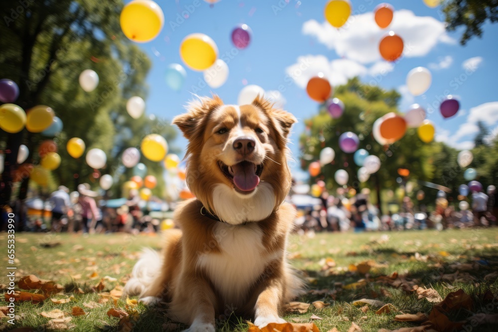 Photo celebrating a very happy dog's birthday with colourful party decorations and their canine friends. Created with AI technology