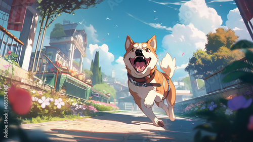 cute shiba dog action happy dog ​​playing in the park, generative flower background ai photo
