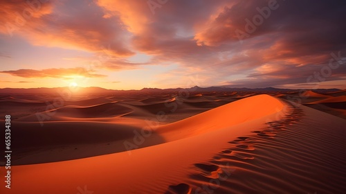 Beautiful sunset over the sand dunes of the Sahara desert in Morocco