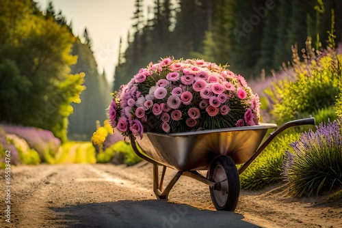 Leinwand Poster wheelbarrow with flowers