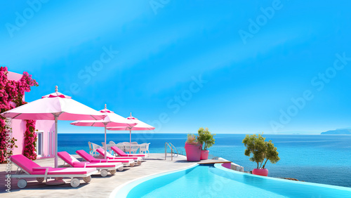 Resort pool with pink sun loungers and pink umbrellas. Beautiful sea and sky views. Mesmerizing view in the style of a popular movie by the ocean