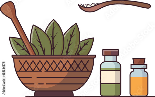 Herbal medicine bowl and spoon with vials vector illustration, Herbal Ayurvedic medicine or Unani medicine, Herbal natural medicine symbols stock vector image