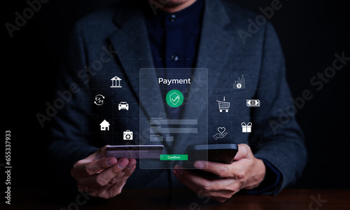 Online Payment Concept. Businessman using mobile phone with credit card online shopping and payment via mobile banking app. payment transaction, Internet, Digital banking, Electronic, Money transfer,