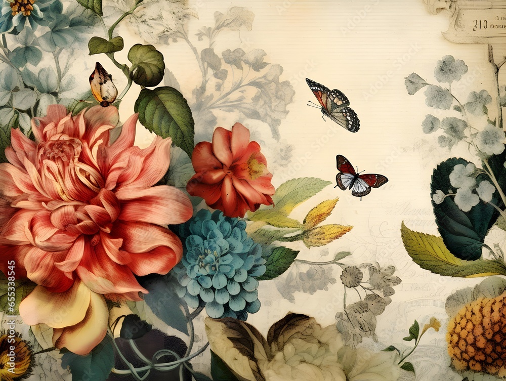 flowers and butterflies on the background of an old book, vintage