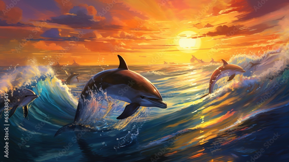  a painting of dolphins swimming in the ocean at sunset or sunrise.  generative ai - obrazy, fototapety, plakaty 