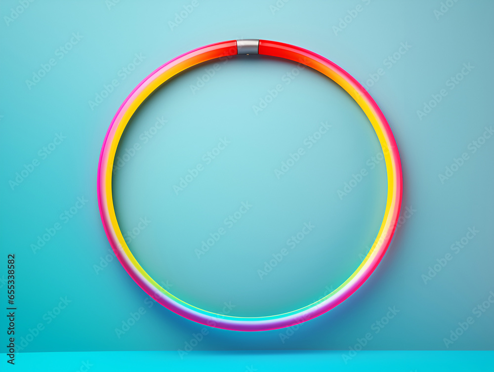 Hula hoop on light blue background. Gym equipment for cardio training to keep fit and run healthy lifestyle. Neon colorful hula hoop, minimalistic sports banner. Home fitness, gymnastics tool Hula hoop on light blue background. Gym equipment for cardio training to keep fit and run healthy lifestyle. Neon colorful hula hoop, minimalistic sports banner. Home fitness, gymnastics tool