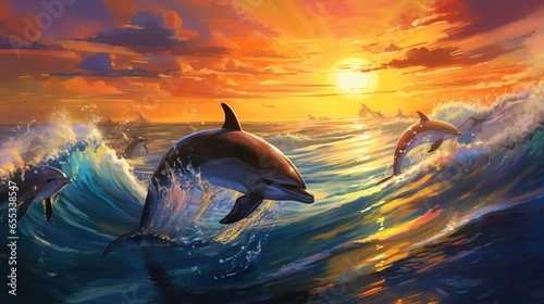  a painting of dolphins swimming in the ocean at sunset or sunrise.  generative ai