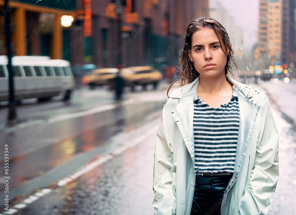 Sad girl looking at the camera in a big city avenue on a rainy day. Sad girl looking at the camera in a big city avenue on a rainy day.