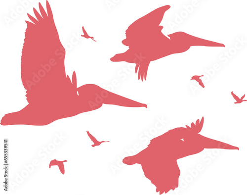 Flight of a flock of pelicans with other small birds. Vector image. © svistoplas