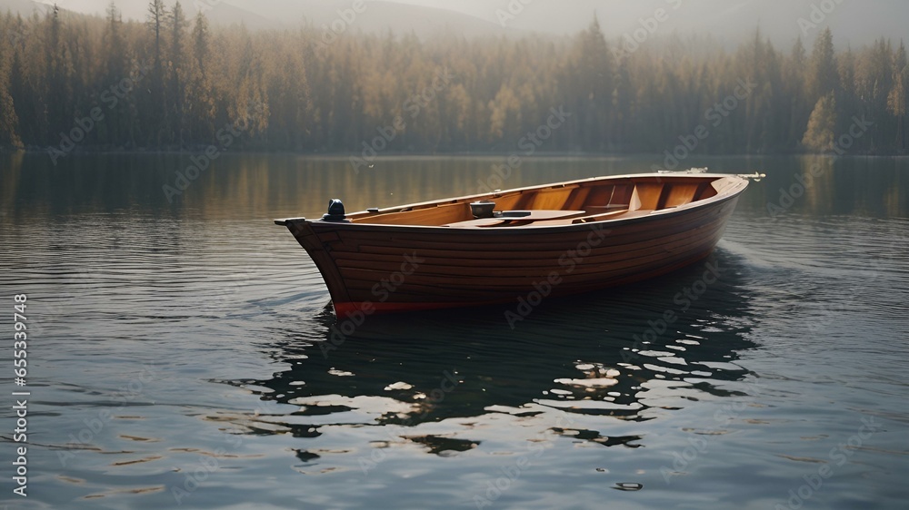 Wooden rowing boat on the lake - obrazy, fototapety, plakaty 