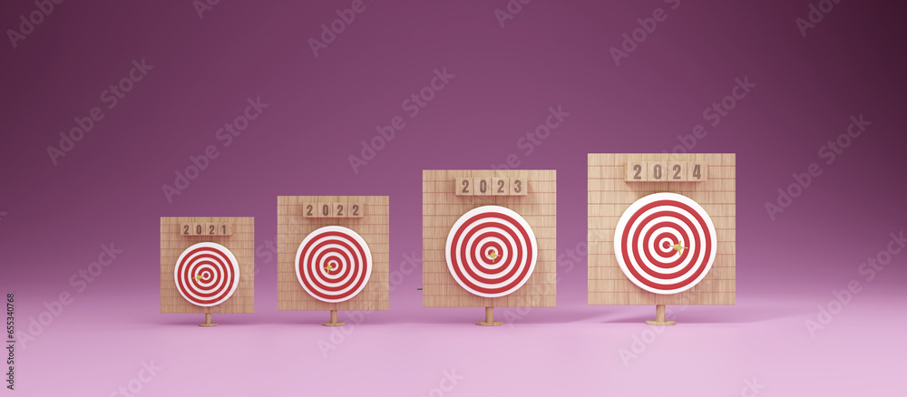 Obraz premium Business growth concept. Big target icon in 2024 on pink background