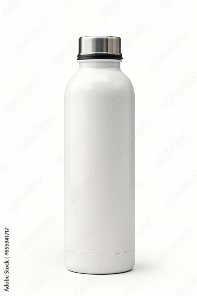 Isolated Blank White Aluminium Water Bottle Mockup On White Background 