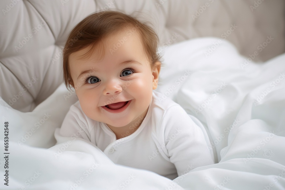 Little newborn baby boy smiling in crib