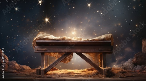 essence of Christmas with a beautifully crafted wooden nativity scene, featuring the birth of Jesus, in a rustic cave setting.