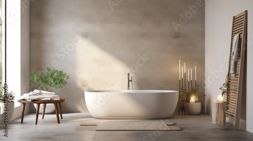  a bathroom with a large white bathtub next to a window. generative ai