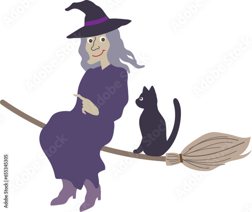 Halloween editable vector illustration element of cute, fun and spooky flying wicked witch in purple costume  talking with a cat on a  broom