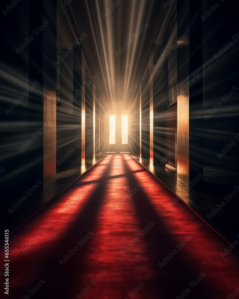 Hotel corridor with red carpet and sun-rays coming through the window 