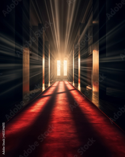 Hotel corridor with red carpet and sun-rays coming through the window 