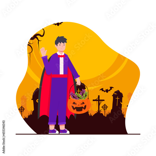Halloween vector illustration. Cartoon man dressed as a dracula in the cemetery.
