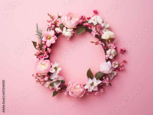 Beautiful Different small flowers in a wreath on pink background with copy space. Generative AI image weber. © Summit Art Creations