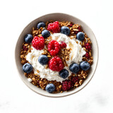 Yogurt granola bowl with berries. Healthy breakfast bowl with ingredients granola fruits Greek yogurt and berries. Weight loss, healthy lifestyle and eating concept