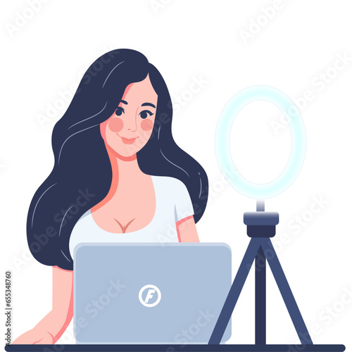 Female webcam model flat style vector illustration, Girl in front of a ring light and a webcam with a laptop computer stock vector image