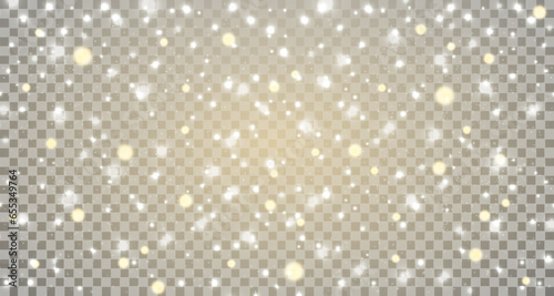 Abstract snowfall and little snow, blizzard on isolated transparent background, gold dust light bokeh, Christmas glowing bokeh and glitter overlay texture decoration, close-up wintry snowflakes