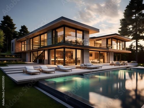 Luxury modern house with swimming pool and garden at sunset.