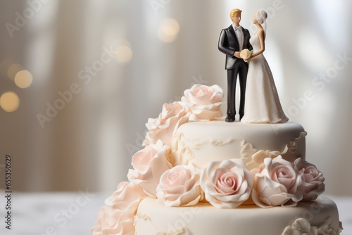 Wedding cake. Top of a wedding cake. The top of the cake with cute figures of two charming women in dresses. Love, together, forever. photo