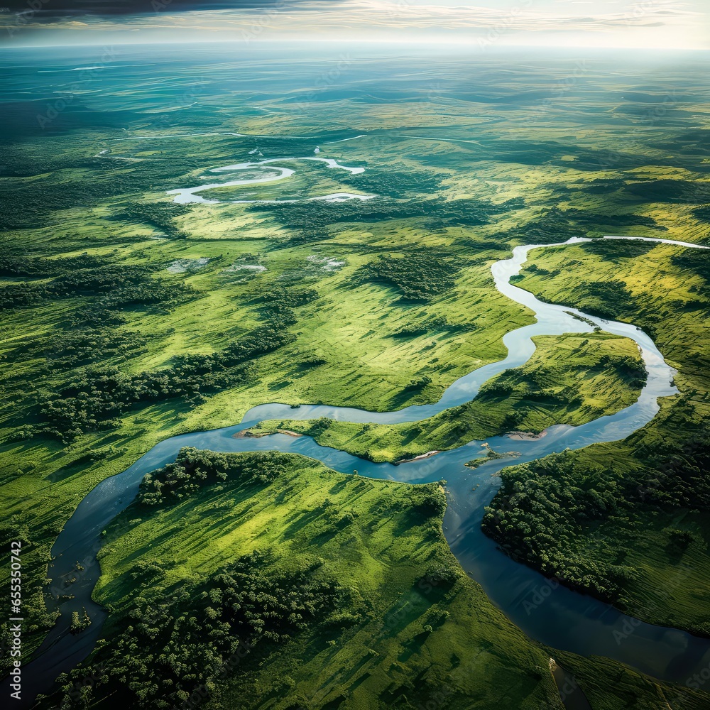 An aerial view of a river flowing through a lush green forest. The ...