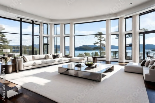 living room with lake view floor to ceiling windows view granite fireplace white furnishings hardwood floor and white area rug