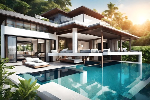 luxury exterior design pool villa with interior design living room home, house © Ahsan