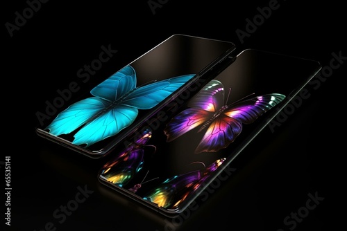 Two foldable smartphones folded next to each other with butterfly image on screens. Flexible smartphone isolated on black background. 3D rendering. Generative AI