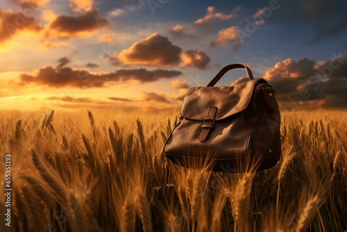 A bag at wheat field during sunset with clouds in backdrop. Generative AI